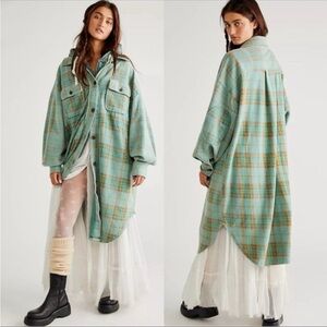 Free People Plaid Oversized Jacket in Blue and Brown